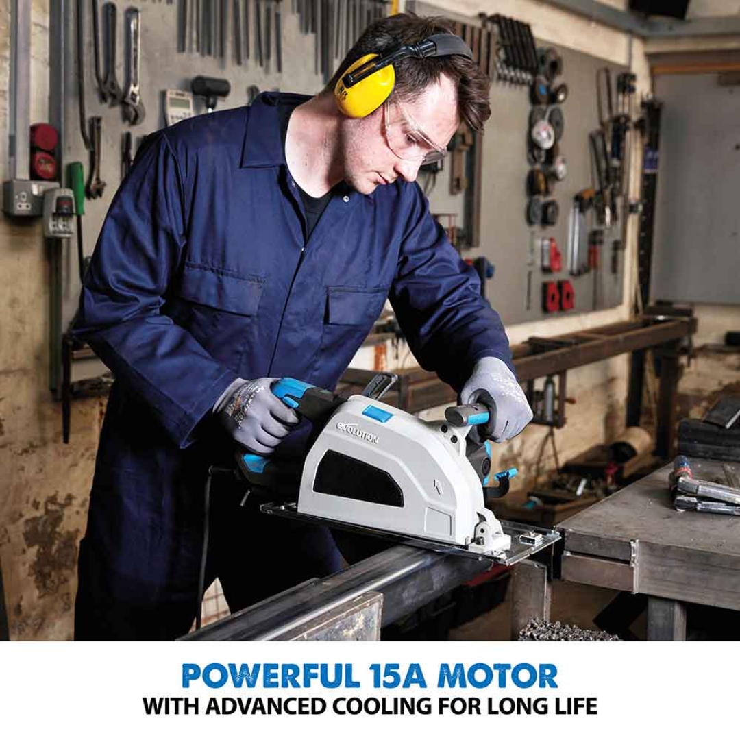 Evolution Power Tools Metal Cutting Circular Saw S210CCS being operated by a fabricator, showcasing the powerful motor and ergonomic design for accurate handheld metal cutting.