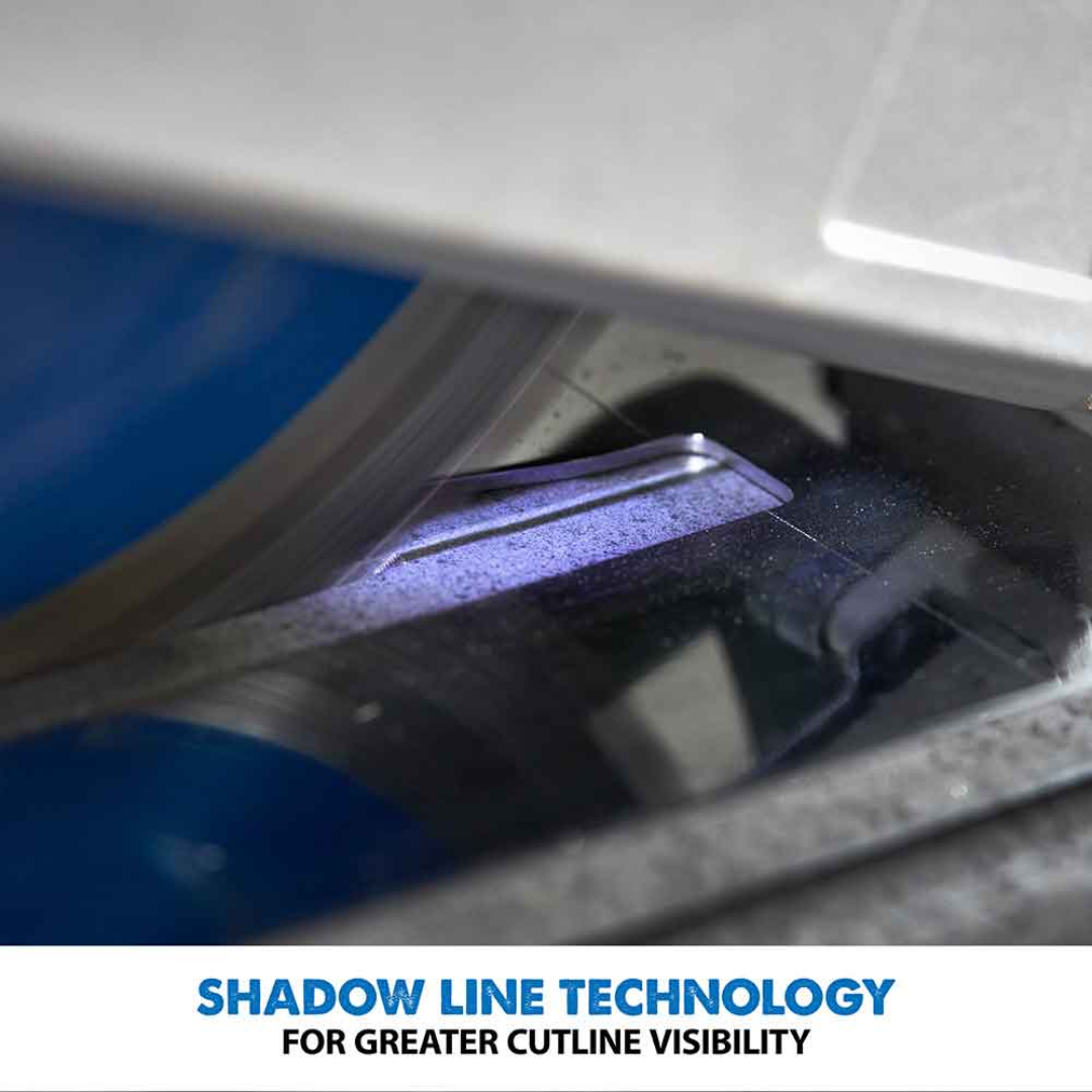 Evolution Power Tools Metal Cutting Circular Saw S210CCS equipped with Shadow Line Technology for enhanced cut-line visibility and improved cutting accuracy.