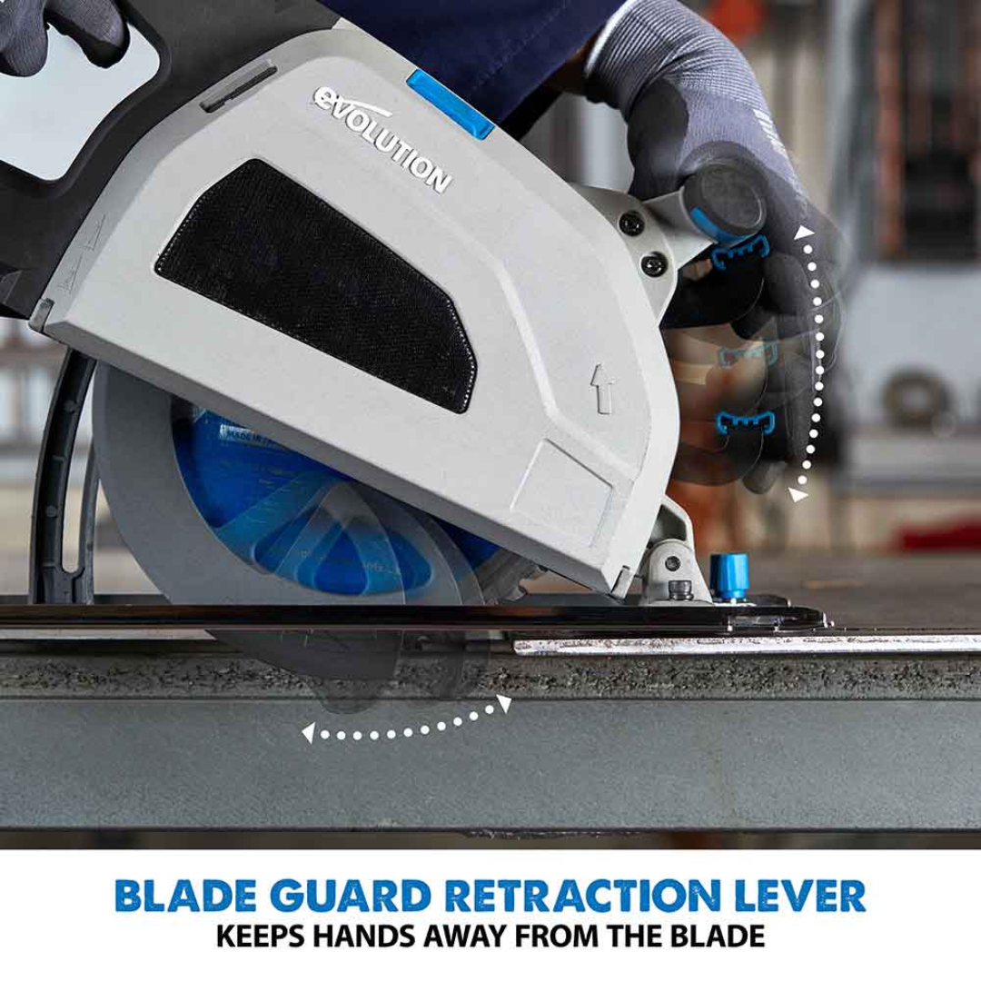 Evolution Power Tools Metal Cutting Circular Saw S210CCS featuring the blade guard retraction lever for improved control when making plunge and edge cuts.