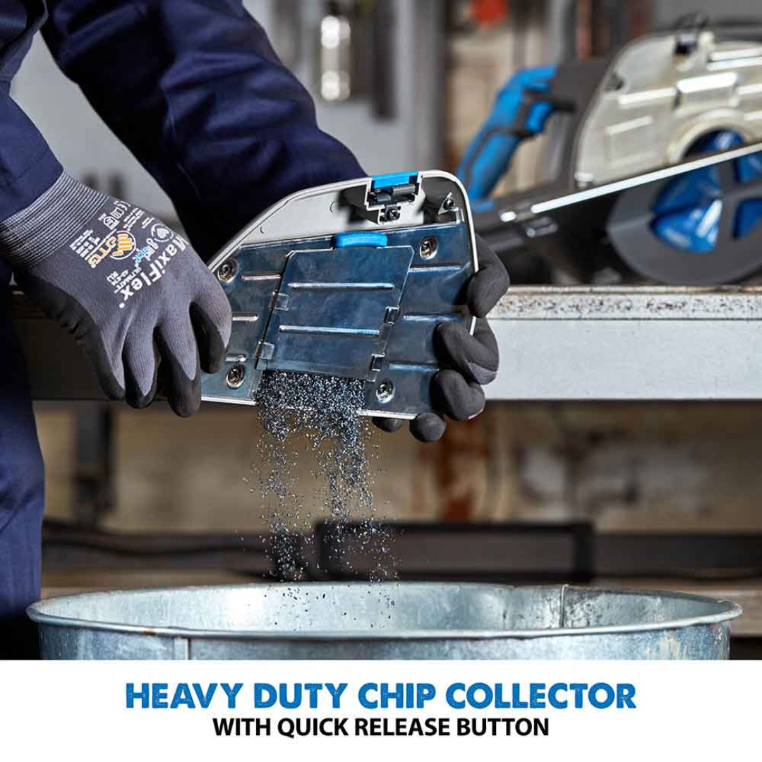Evolution Power Tools Metal Cutting Circular Saw S210CCS featuring the heavy-duty integrated chip collector that captures metal chips for a cleaner and safer work environment.