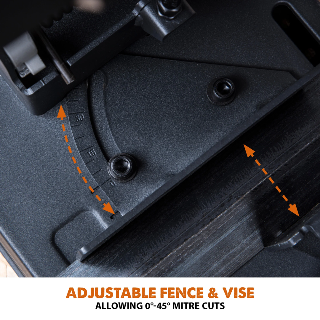 Evolution Power Tools Multi-Material Cutting Chop Saw With 14 in. Blade R355CPS cutting wood with embedded nails to demonstrate multi-material cutting capability.