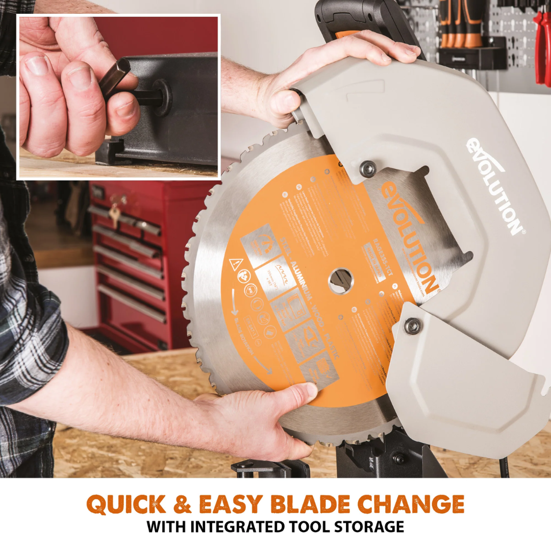 Evolution Power Tools Multi-Material Cutting Chop Saw With 14 in. Blade R355CPS demonstrating the ergonomic carry handle and quick, easy blade change system.