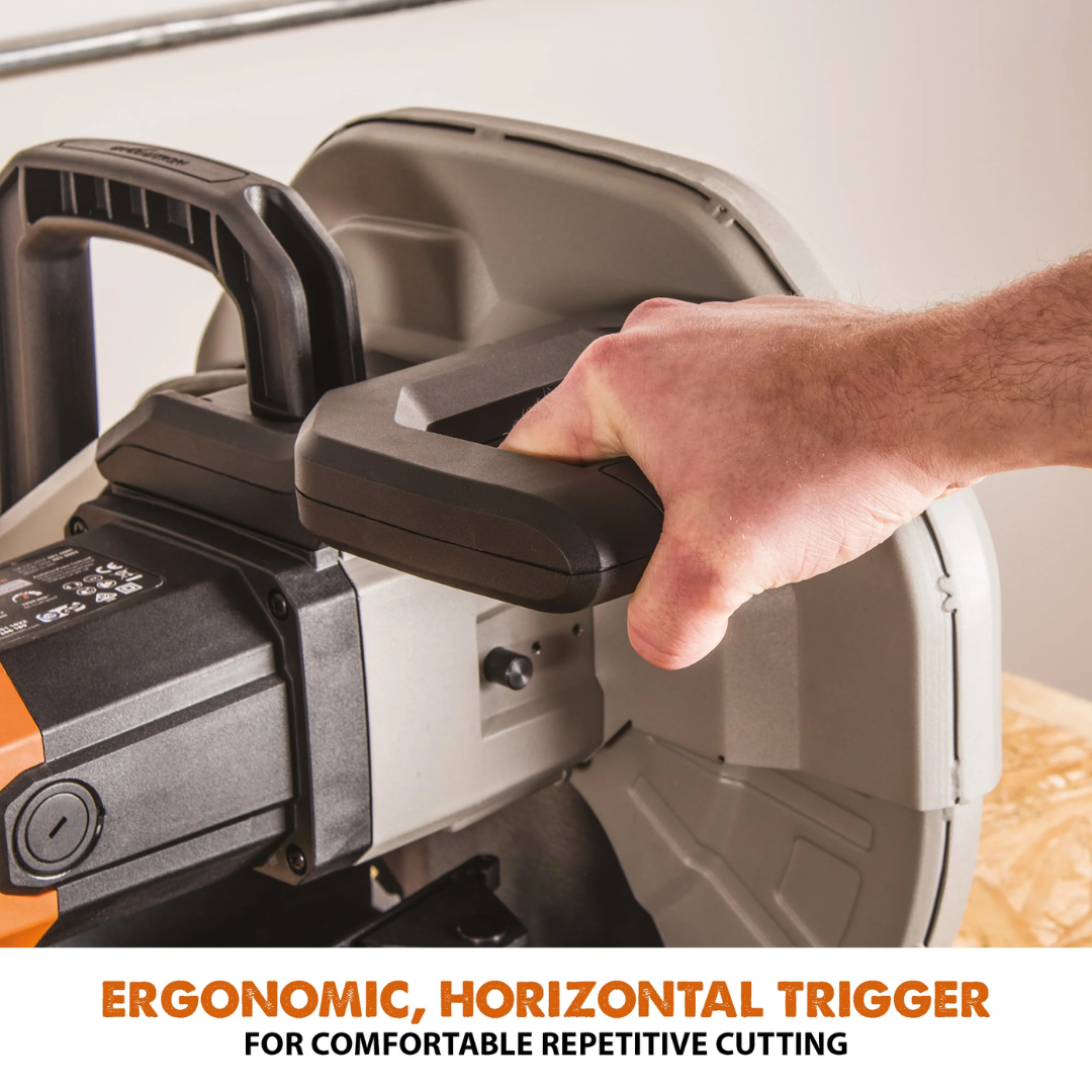 Evolution Power Tools Multi-Material Cutting Chop Saw With 14 in. Blade R355CPS highlighting the chip deflection guard designed to improve safety and direct debris away from the operator.