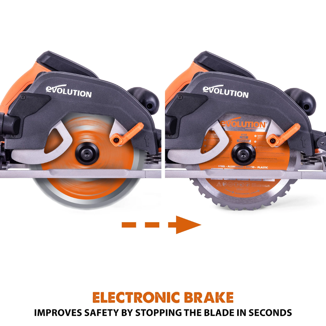 Evolution Power Tools Multi-Material Cutting Circular Saw 7-1/4 in. Blade R185CCSX connected to a dust extraction system through the integrated vacuum port for cleaner cutting.