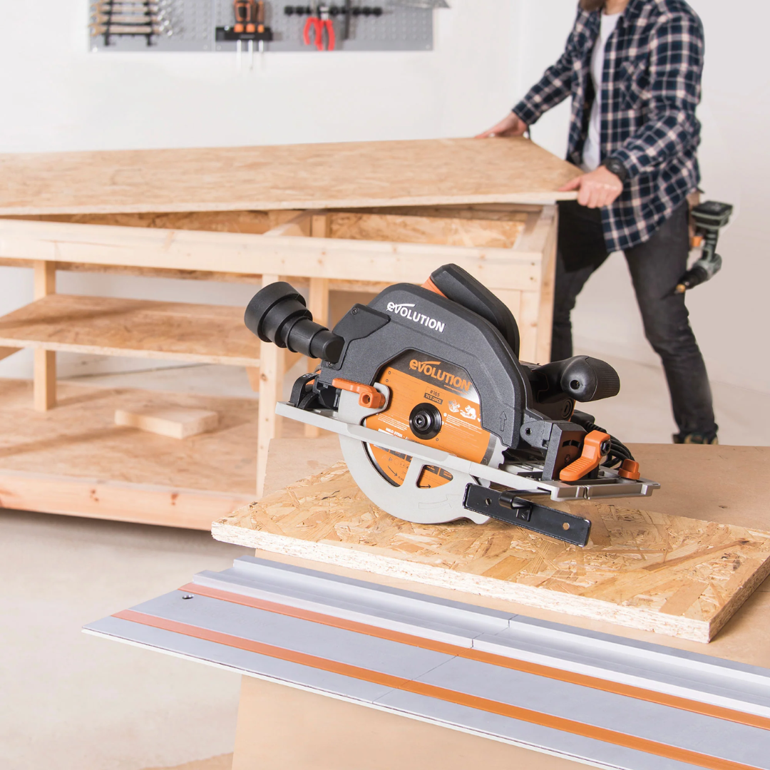 Evolution Power Tools Multi-Material Cutting Circular Saw 7-1/4 in. Blade R185CCSX cutting timber with precision for woodworking and construction projects.