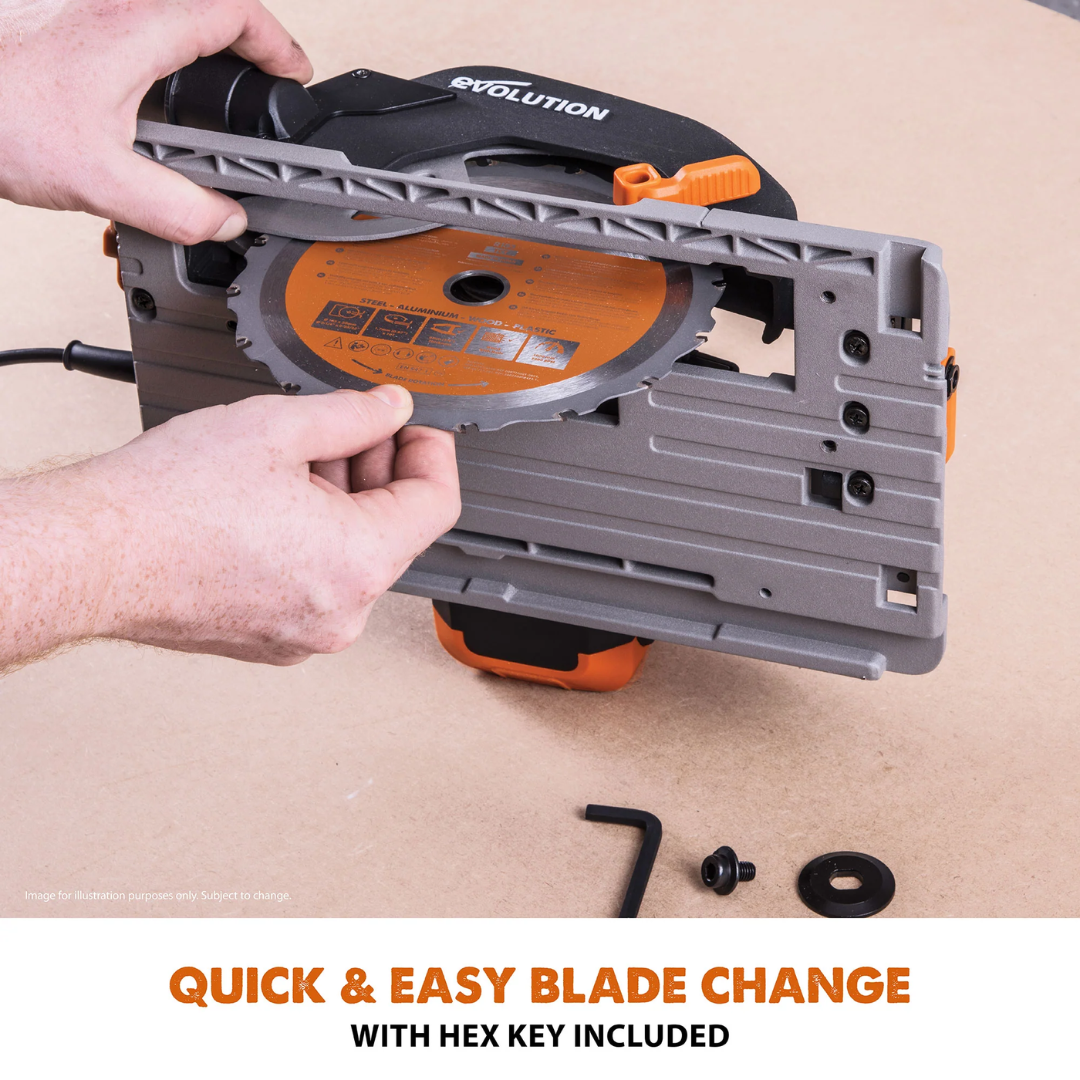 Evolution Power Tools Multi-Material Cutting Circular Saw 7-1/4 in. Blade R185CCSX featuring a durable precision-machined base plate designed for smooth, stable cutting performance.