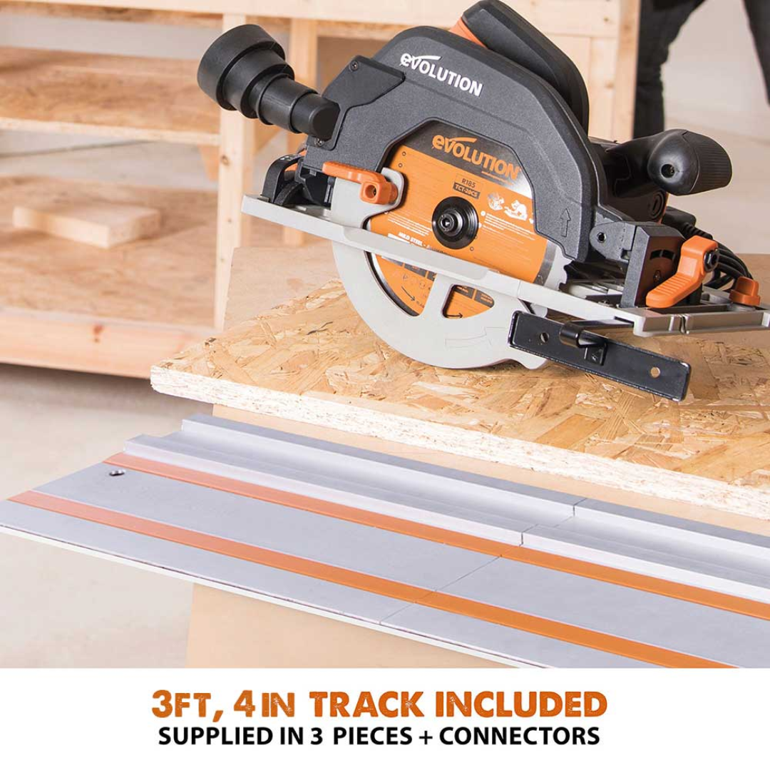 Evolution Power Tools Multi-Material Cutting Circular Saw 7-1/4 in. Blade R185CCSX making accurate bevel and mitre cuts for professional woodworking applications.