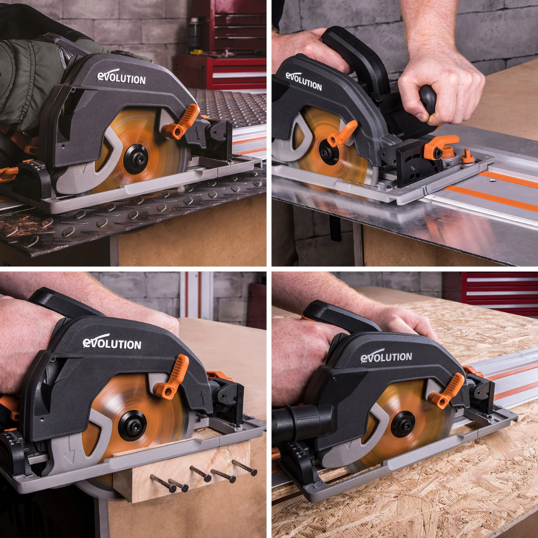 Evolution Power Tools Multi-Material Cutting Circular Saw 7-1/4 in. Blade R185CCSX producing smooth, straight cuts while operating on the included track system.