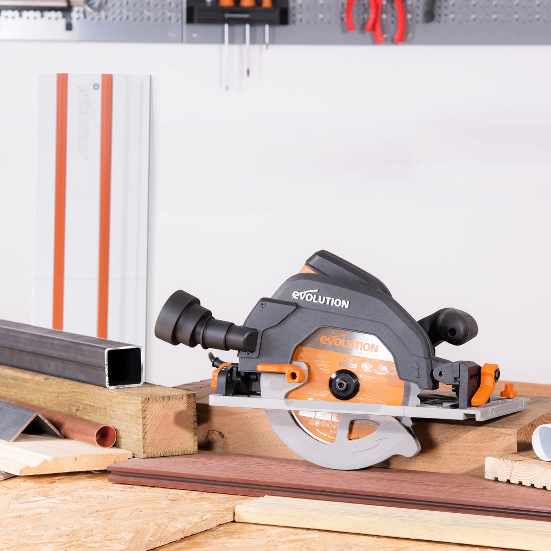 Evolution Power Tools Multi-Material Cutting Circular Saw 7-1/4 in. Blade R185CCSX using the parallel edge guide for consistent rip cuts and improved cutting accuracy.