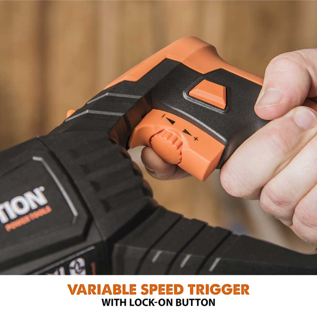Evolution Power Tools Reciprocating Saw with 4 Blades R230RCP featuring a quick and tool-free blade change system for fast blade replacement.