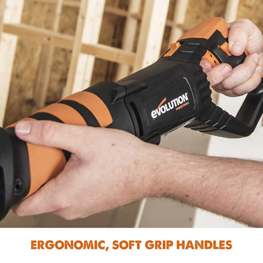 Evolution Power Tools Reciprocating Saw with 4 Blades R230RCP featuring ergonomic soft-grip handles for enhanced comfort and reduced user fatigue during extended operation.