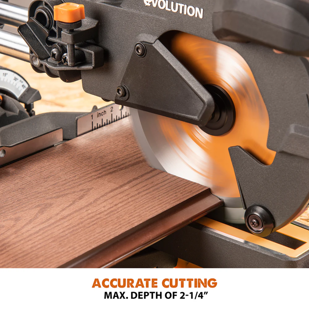 Evolution Power Tools Single Bevel Sliding Miter Saw R185SMS+ delivering accurate wood cutting with a high-performance TCT blade.