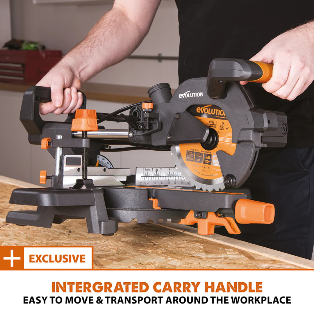Evolution Power Tools Single Bevel Sliding Miter Saw R185SMS+ delivering laser-guided cutting precision for improved cut-line visibility.