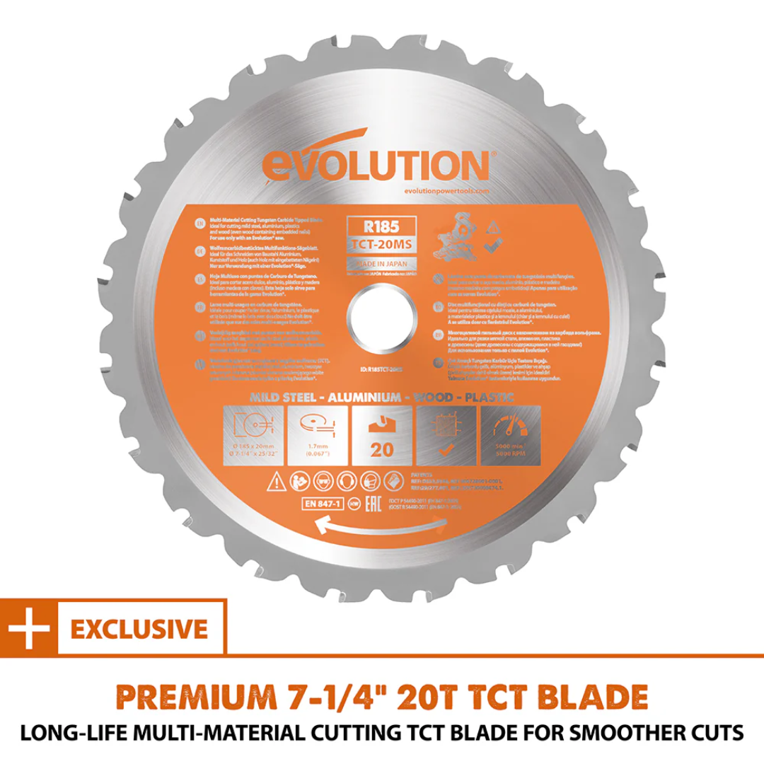 Evolution Power Tools Single Bevel Sliding Miter Saw R185SMS+ demonstrating clean, accurate cuts with minimal finishing required.