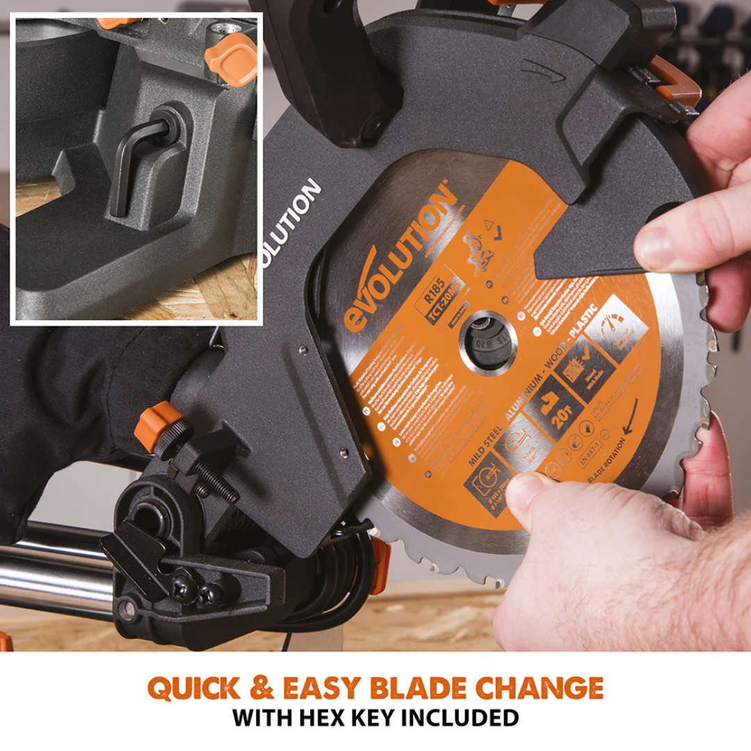 Evolution Power Tools Single Bevel Sliding Miter Saw R185SMS+ demonstrating the quick and easy blade change system for reduced maintenance downtime.