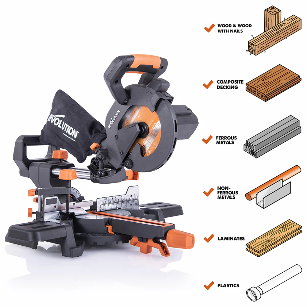 Evolution Power Tools Single Bevel Sliding Miter Saw R185SMS+ feature overview displaying key components and multi-material cutting capabilities.