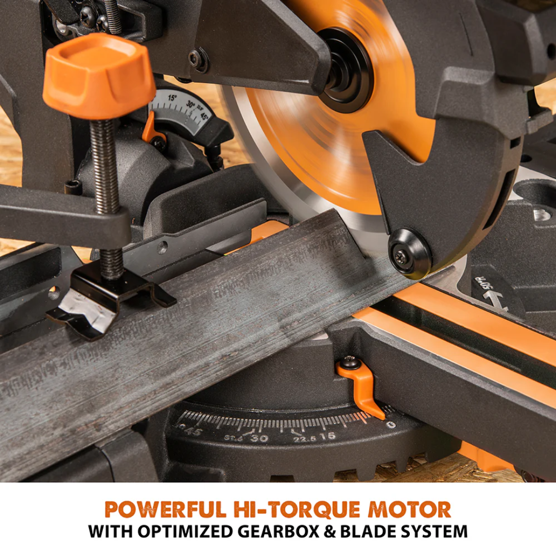 Evolution Power Tools Single Bevel Sliding Miter Saw R185SMS+ featuring a powerful high-torque motor engineered for demanding cutting applications.