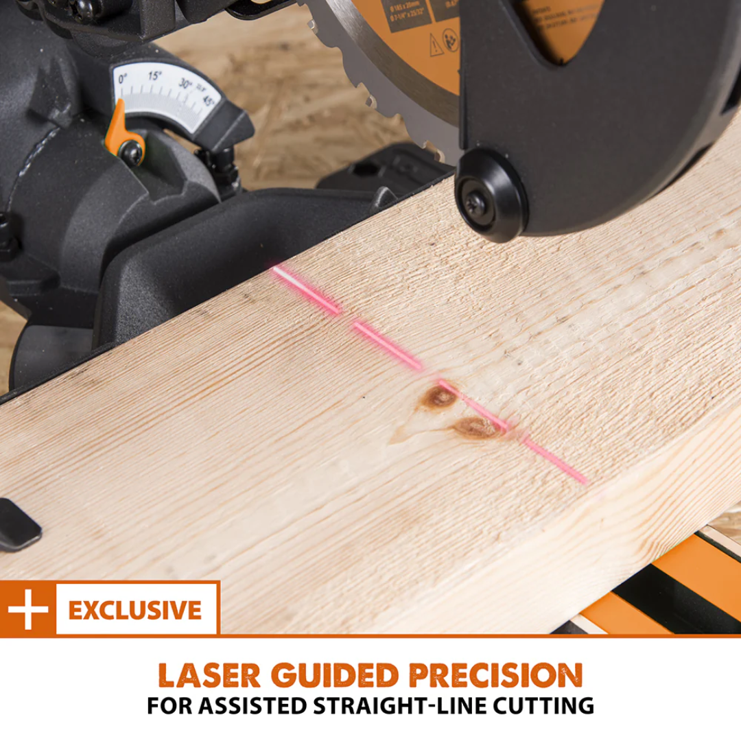 Evolution Power Tools Single Bevel Sliding Miter Saw R185SMS+ featuring the premium 7-1/4-inch TCT blade for multi-material cutting performance.