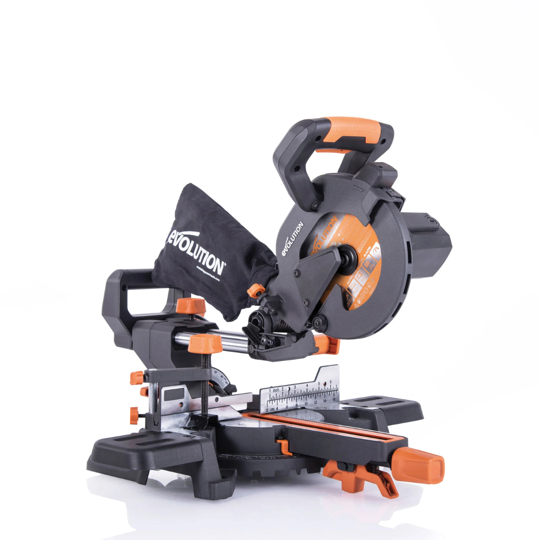 Evolution Power Tools Single Bevel Sliding Miter Saw R185SMS+ front view showcasing the complete sliding miter saw with precision base and compact design.