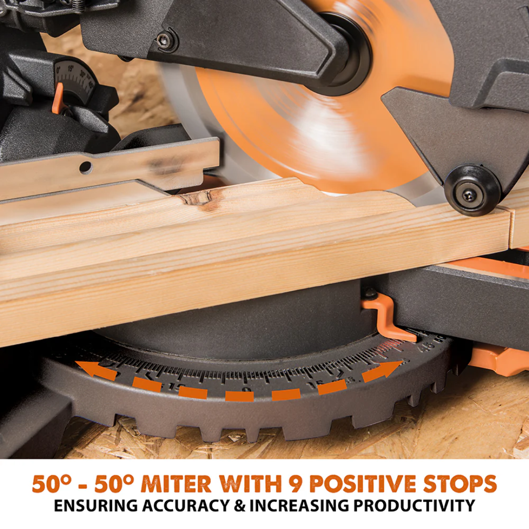 Evolution Power Tools Single Bevel Sliding Miter Saw R185SMS+ highlighting the positive-stop miter system for fast and precise angle adjustments.