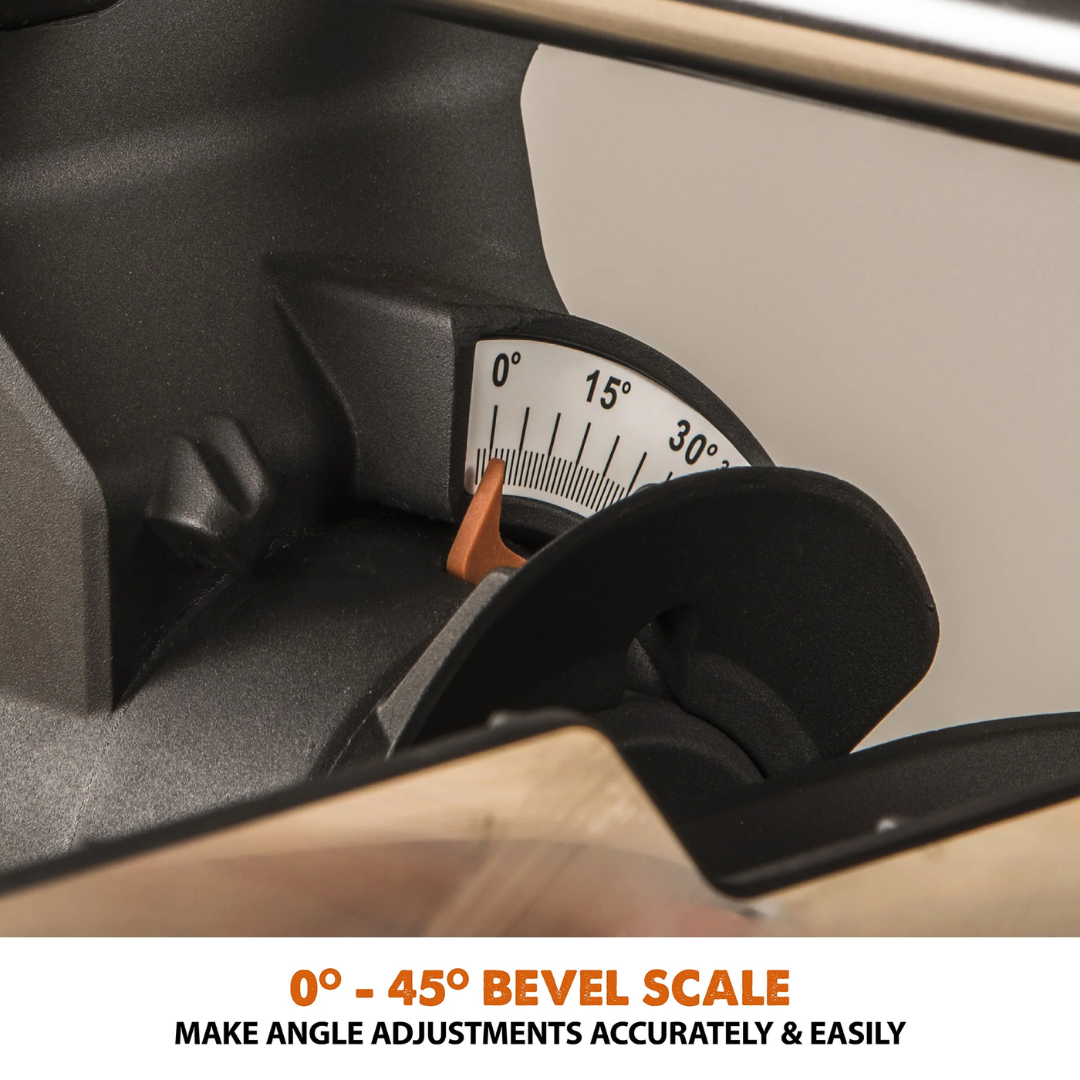 Evolution Power Tools Single Bevel Sliding Miter Saw R255SMS+ close-up showing the single bevel adjustment scale for accurate bevel settings.
