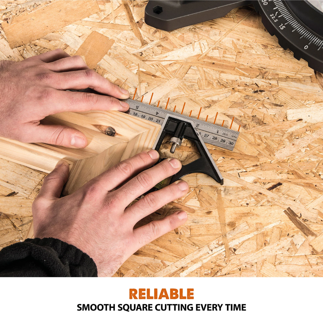 Evolution Power Tools Single Bevel Sliding Miter Saw R255SMS+ cutting engineered wood panel material with clean, accurate results.
