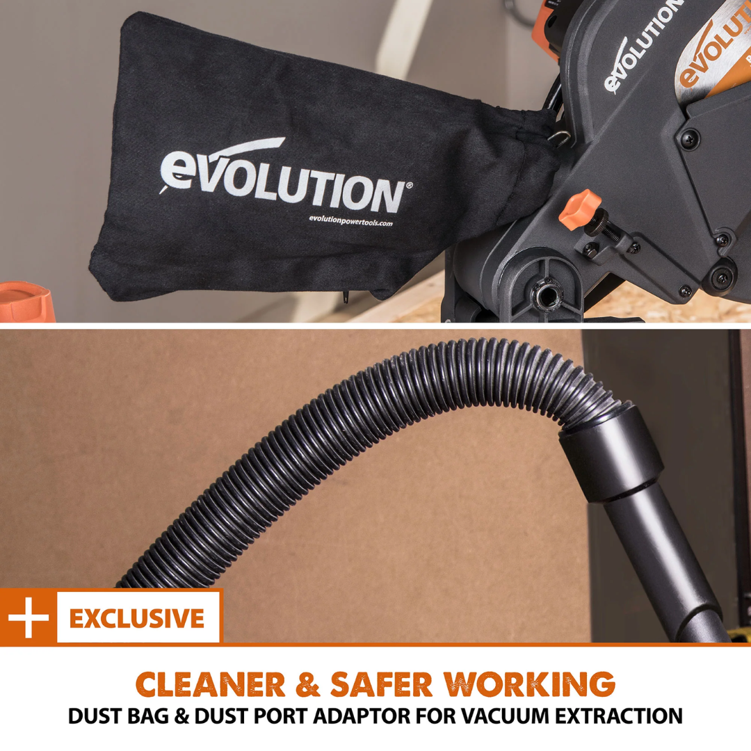 Evolution Power Tools Single Bevel Sliding Miter Saw R255SMS+ emphasizing efficient chip and dust management for a cleaner workspace.