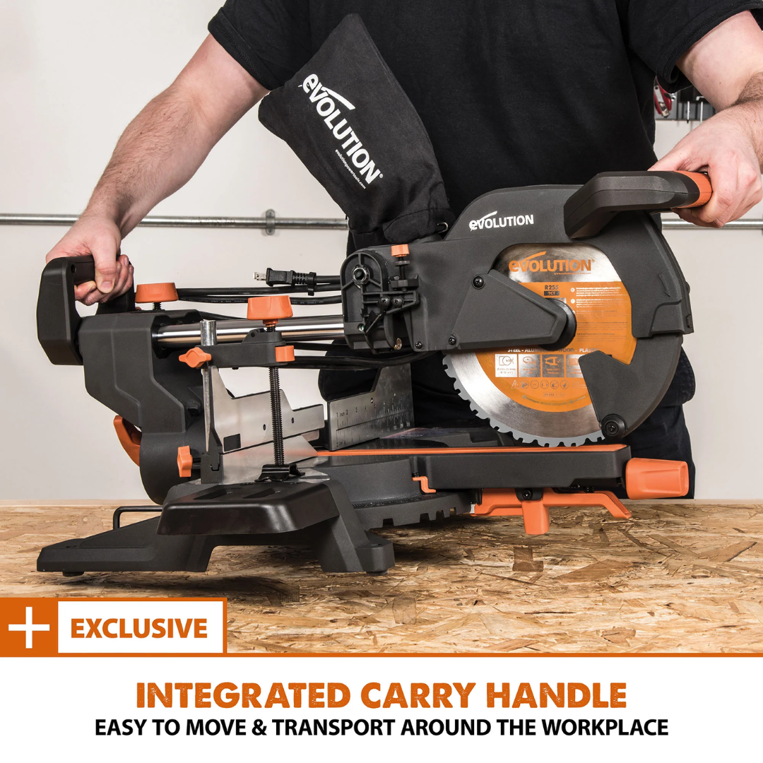 Evolution Power Tools Single Bevel Sliding Miter Saw R255SMS+ equipped with an integrated carry handle for convenient transportation between jobsites.
