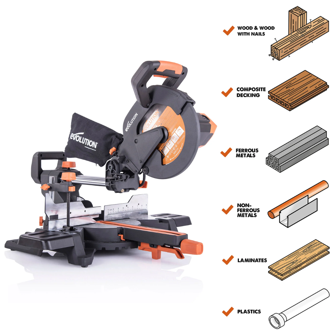Evolution Power Tools Single Bevel Sliding Miter Saw R255SMS+ exploded view illustrating the major saw components, blade assembly, fence, sliding system, and base.