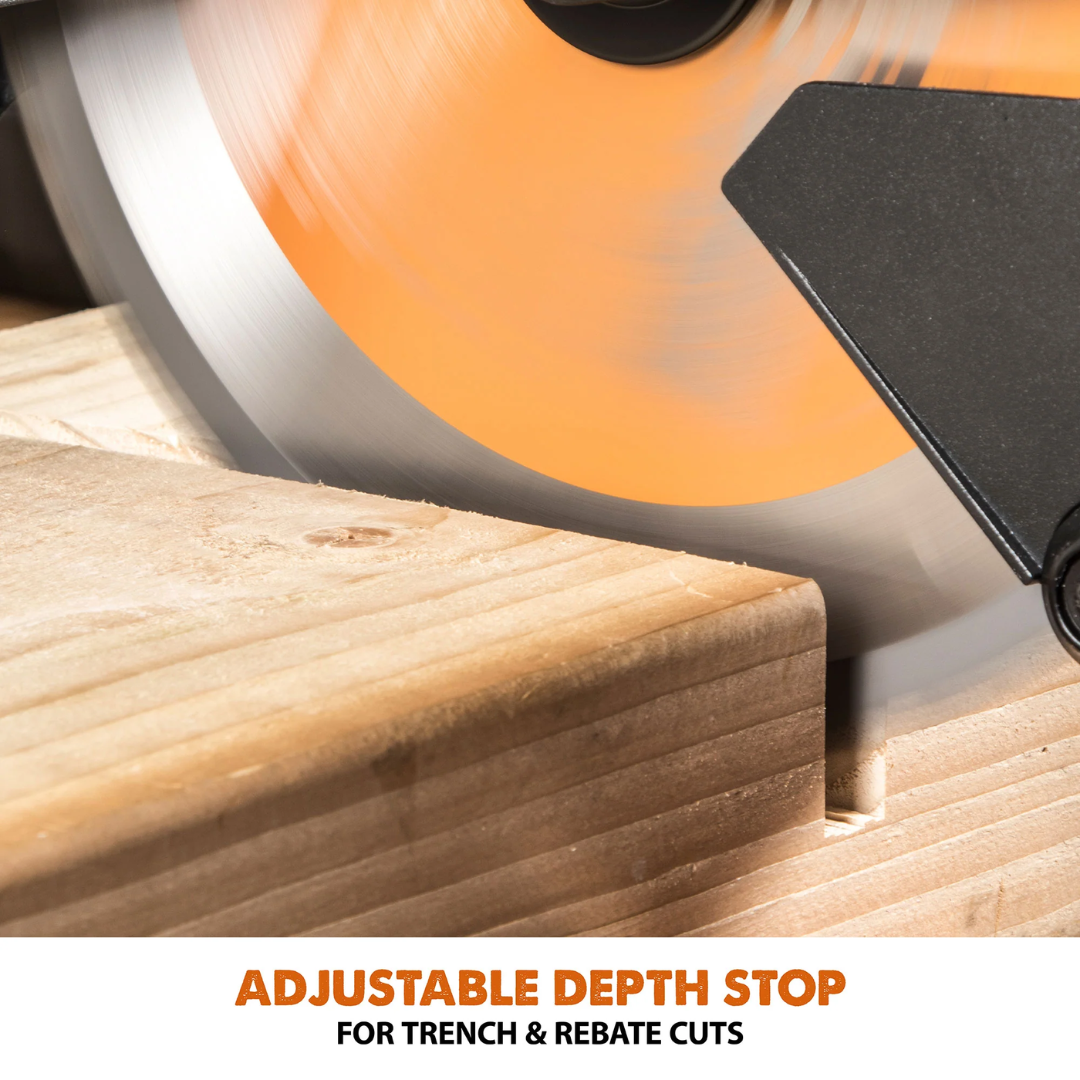 Evolution Power Tools Single Bevel Sliding Miter Saw R255SMS+ highlighting onboard storage for essential accessories and adjustment tools.