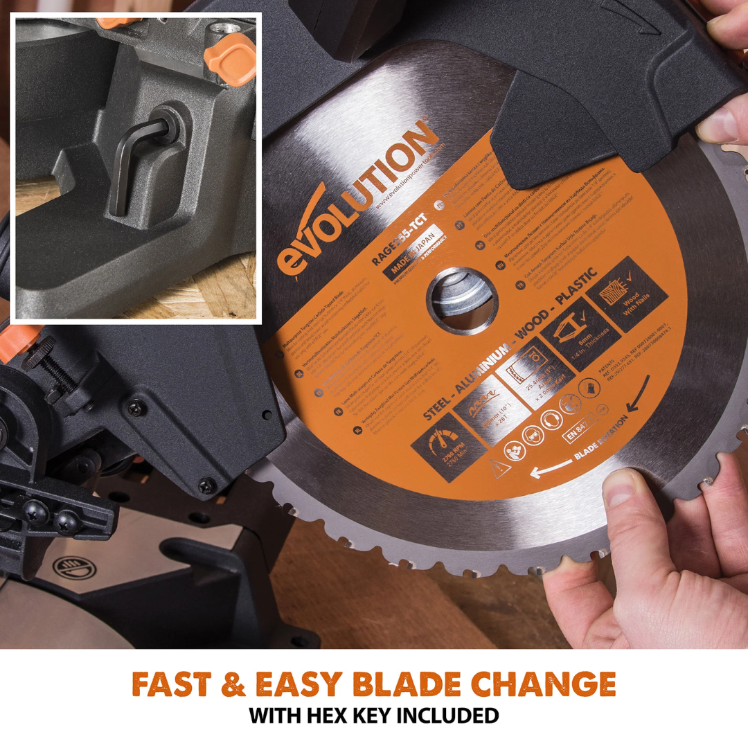 Evolution Power Tools Single Bevel Sliding Miter Saw R255SMS+ highlighting the fast blade change system for efficient maintenance and reduced downtime.