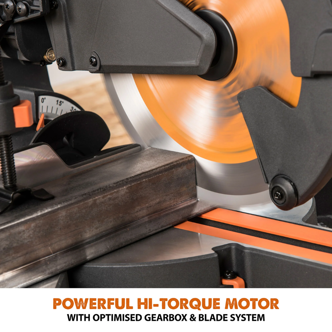 Evolution Power Tools Single Bevel Sliding Miter Saw R255SMS+ highlighting the high-torque motor engineered for demanding cutting applications.