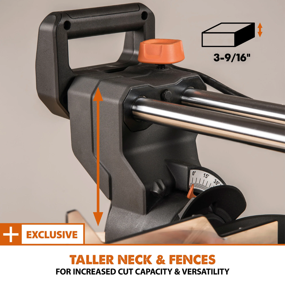 Evolution Power Tools Single Bevel Sliding Miter Saw R255SMS+ highlighting the tall rear fence for improved workpiece support and cutting stability.