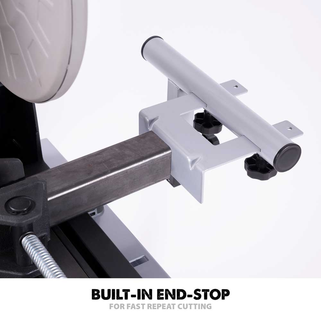 Evolution Power Tools Universal Chop Saw Stand With Telescopic Arms and Folding Legs EVOCS2 equipped with an adjustable end stop for fast, repeatable cut lengths.