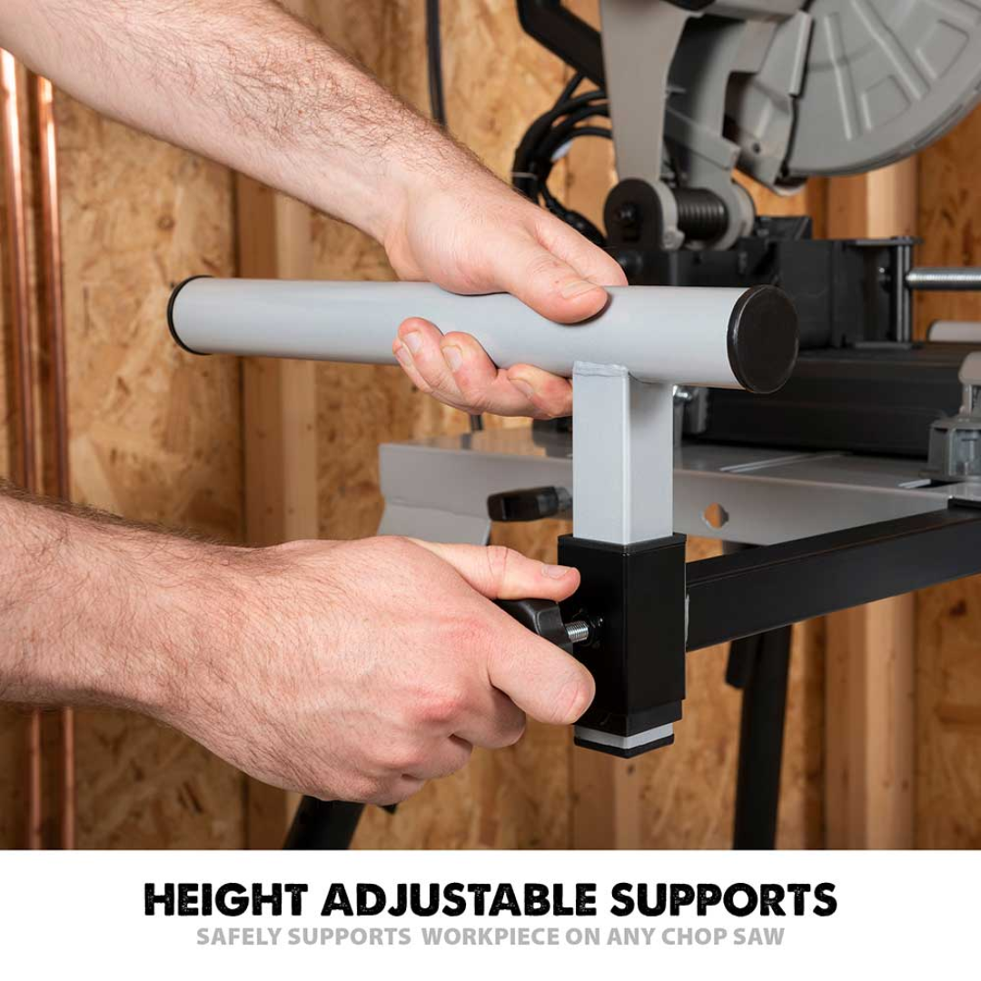 Evolution Power Tools Universal Chop Saw Stand With Telescopic Arms and Folding Legs EVOCS2 featuring adjustable material support rollers for improved workpiece alignment and stability.