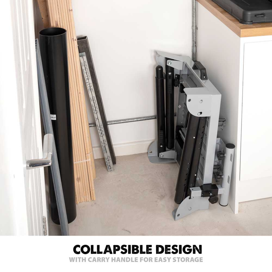 Evolution Power Tools Universal Chop Saw Stand With Telescopic Arms and Folding Legs EVOCS2 folding into a compact design for convenient storage and transportation.
