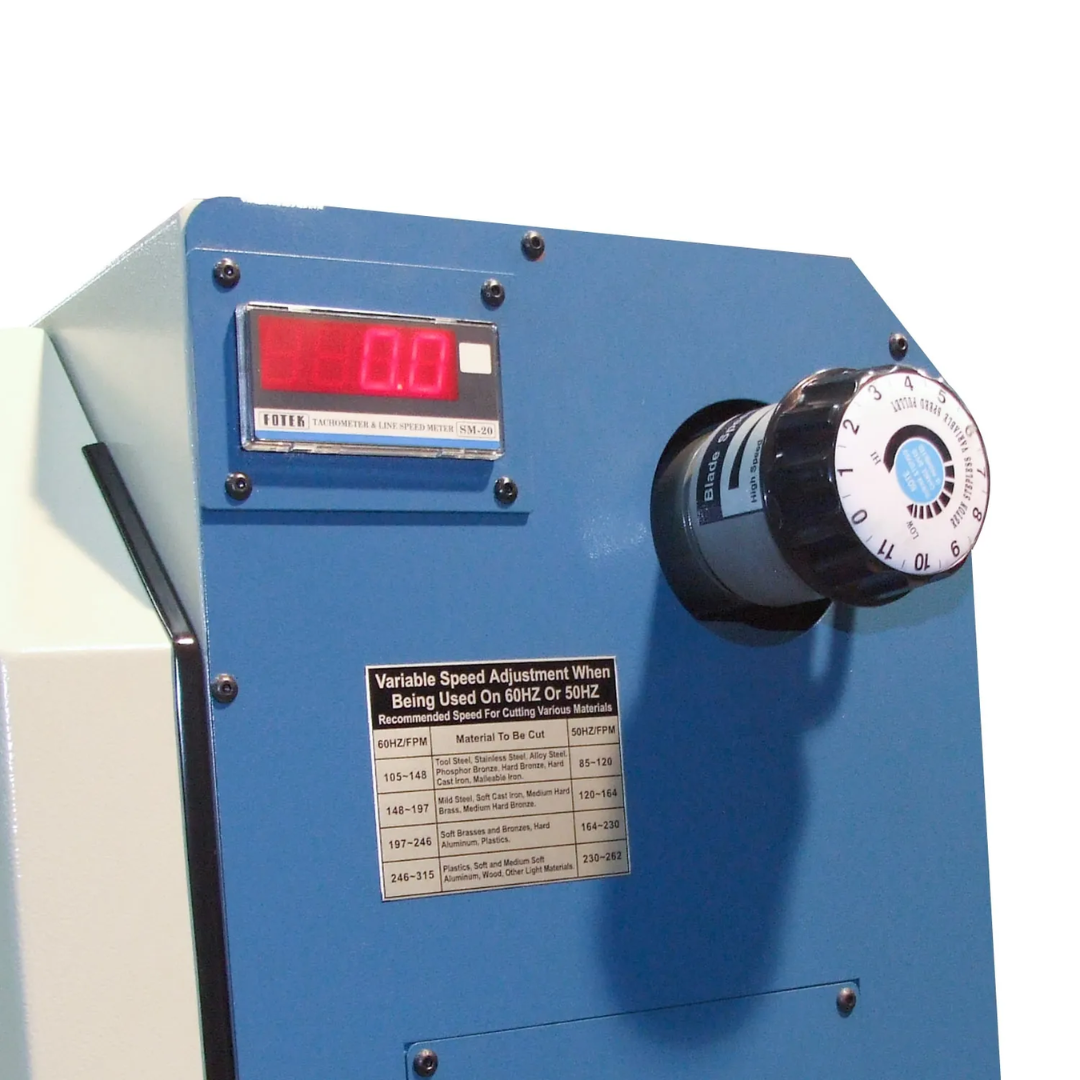 Feed rate adjustment control on Baileigh 14-Inch Semi-Auto Horizontal Bandsaw BS-360SA 1001582 allowing precise setup for different materials and cutting requirements.