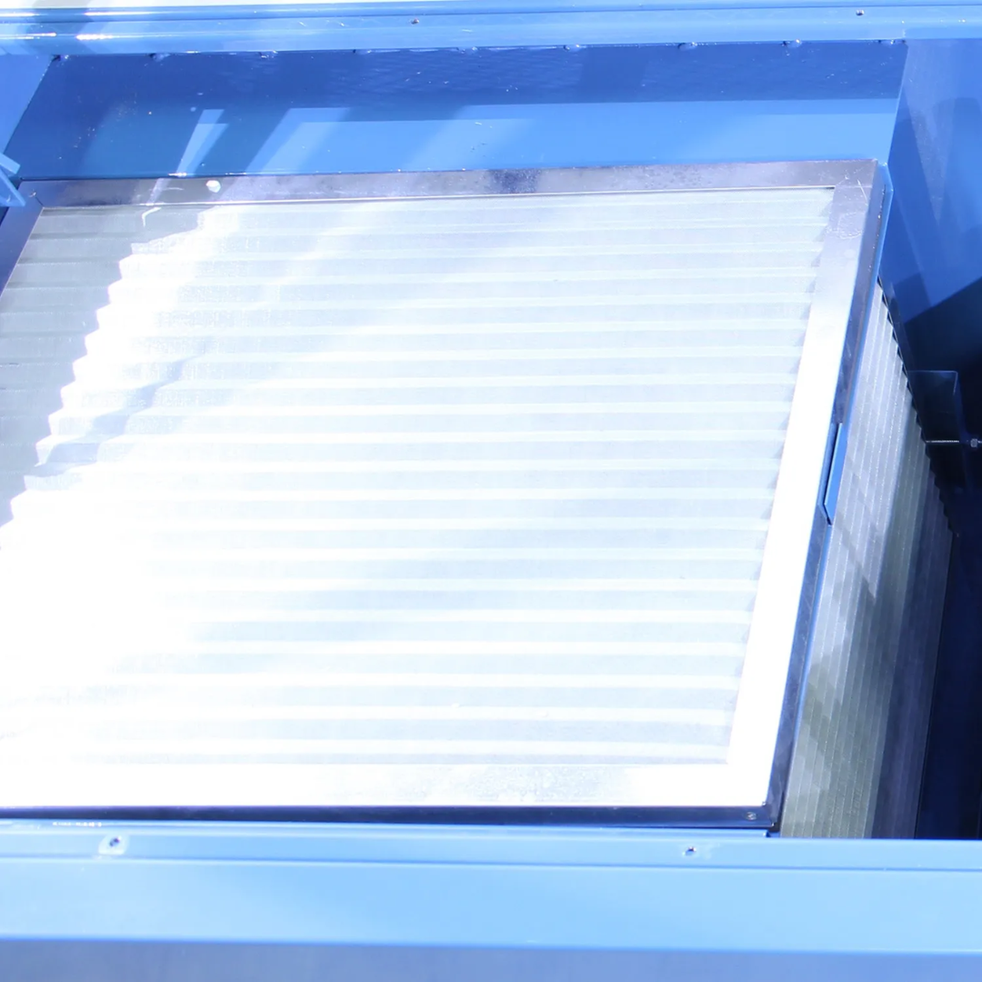 Filter cartridge view on the Baileigh Downdraft Table DDTM-8024 1008628 demonstrating the integrated filtration system for dust collection and air cleaning.