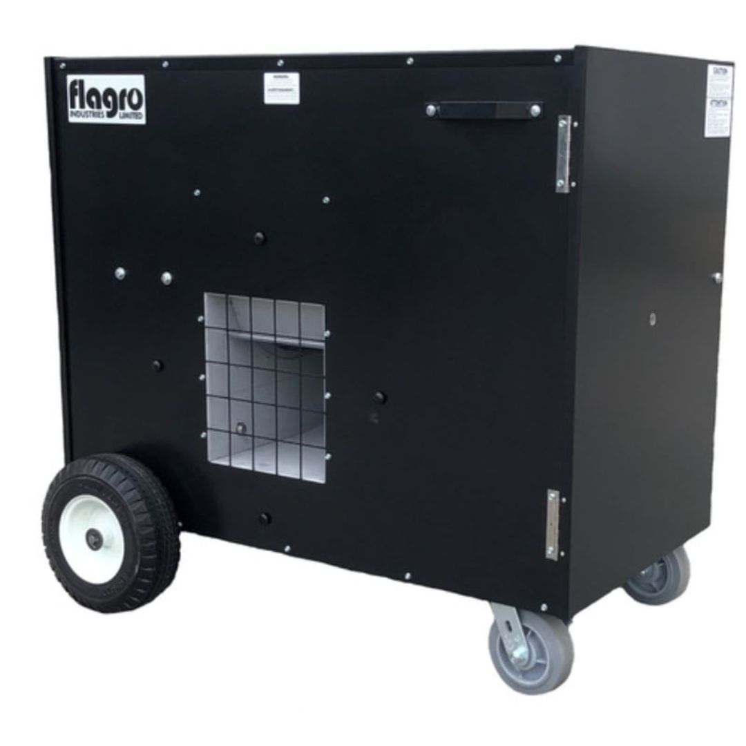 Flagro Direct Fired Tent Heater THC-355CDF rear and side view showing durable enclosure, transport wheels, and integrated heating system components.