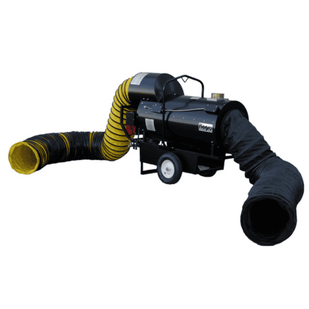 Flagro Indirect Fired Dual Fuel Heater FVNP-400RC duct connection setup with flexible hose and dual outlet configuration