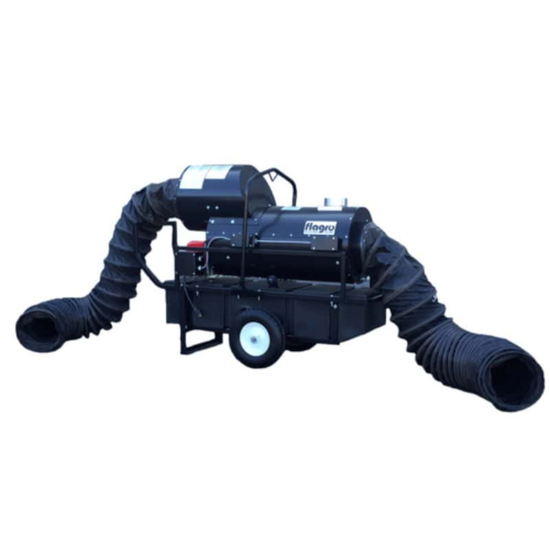 Flagro Indirect Fired Oil Heater FVO-200RC42 showing dual duct outlet configuration with flexible hoses, high-capacity airflow system, and mobile cart design for construction and industrial use