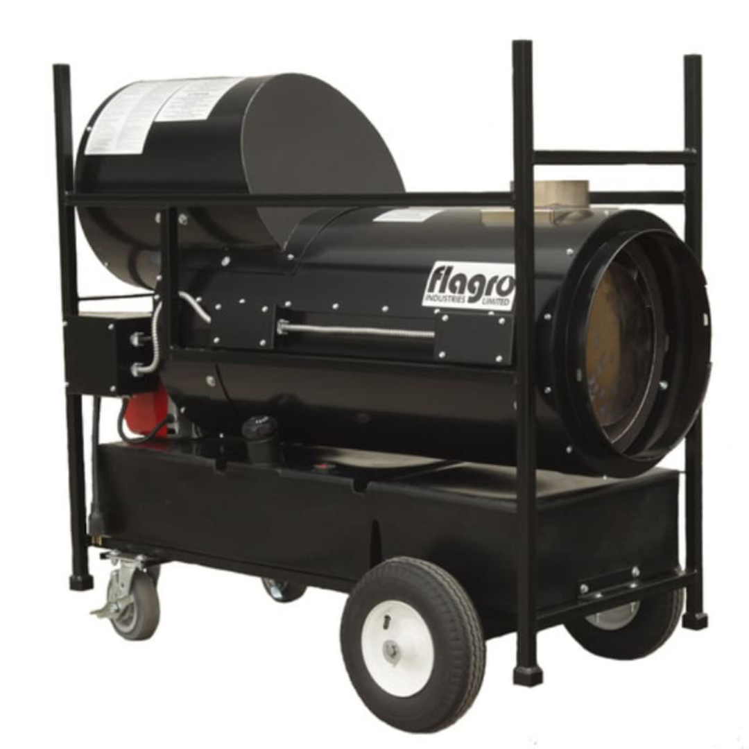 Flagro Indirect Fired Oil Heater FVO-200RC industrial portable heater with wheeled frame, cylindrical heat chamber, and black steel housing for construction site heating applications
