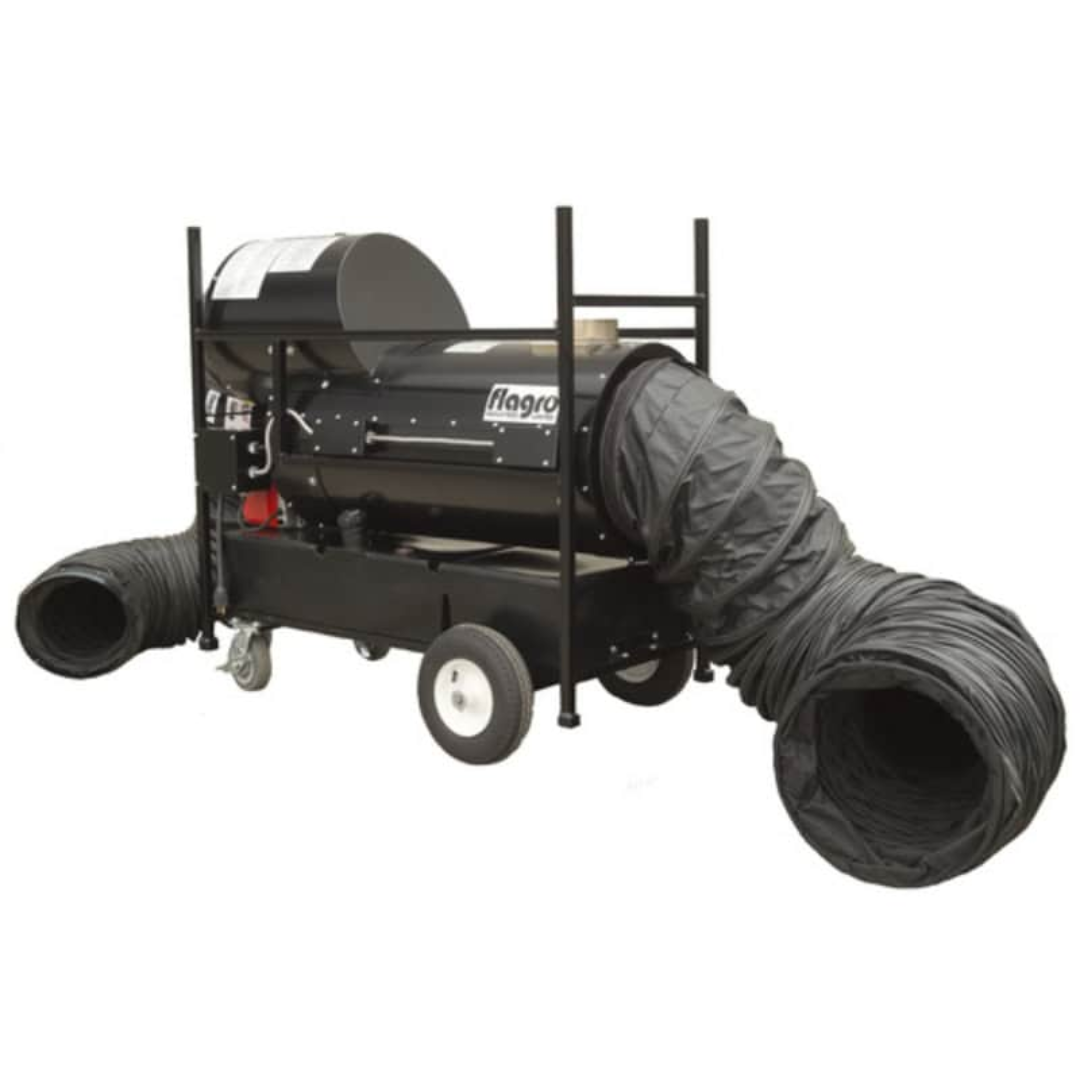 Flagro Indirect Fired Oil Heater FVO-200RC side view showing flexible duct attachment, heavy-duty burner assembly, and mobile cart design for temporary heating solutions