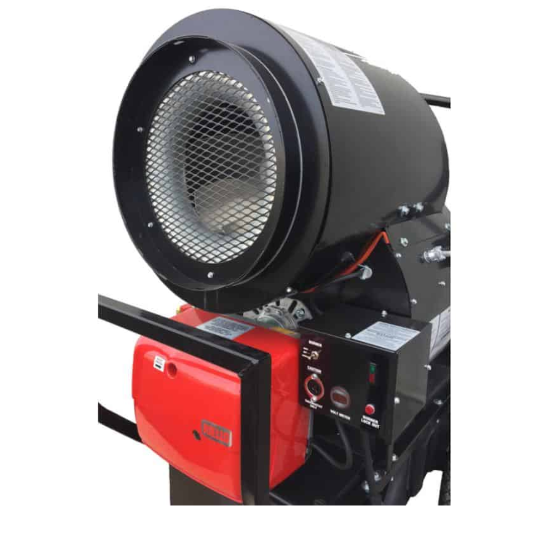 Flagro Indirect Fired Oil Heater FVO-400RCBT front heat exchanger and burner assembly close-up