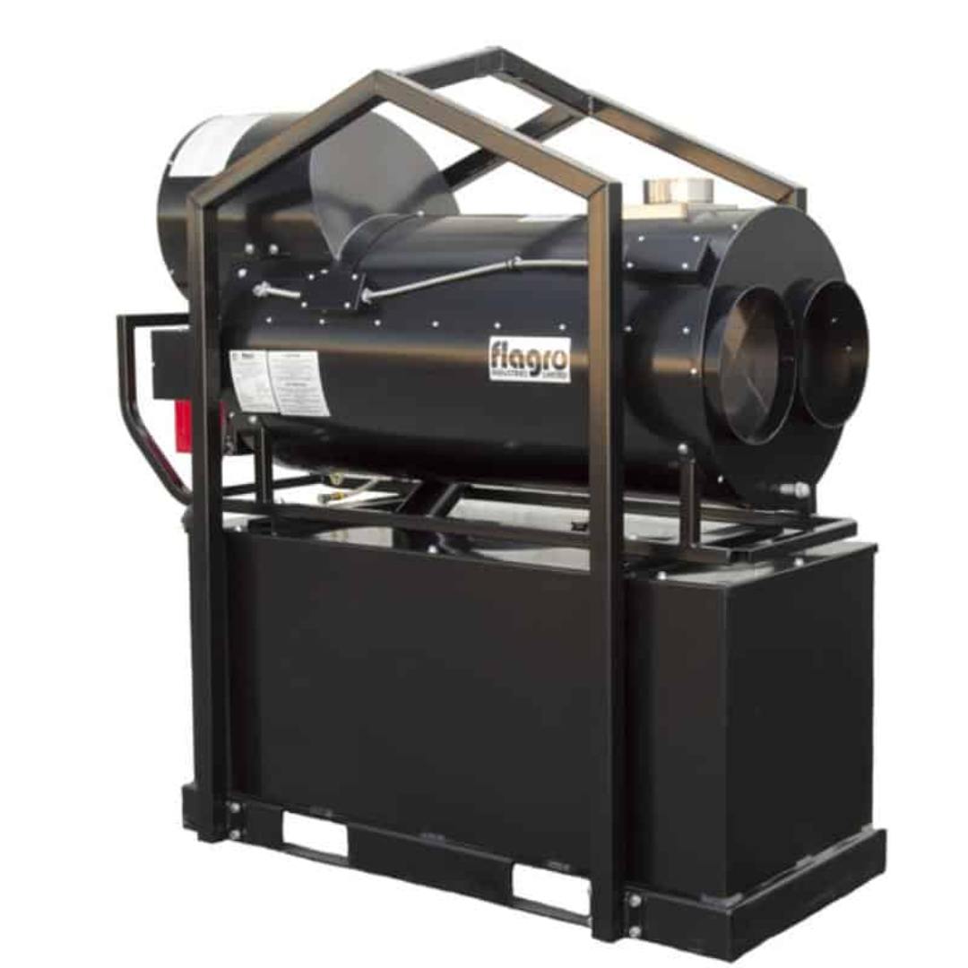 Flagro Indirect Fired Oil Heater FVO-400RCBT industrial heater with recirculating hood, built-in fuel tank, and heavy-duty steel frame enclosure