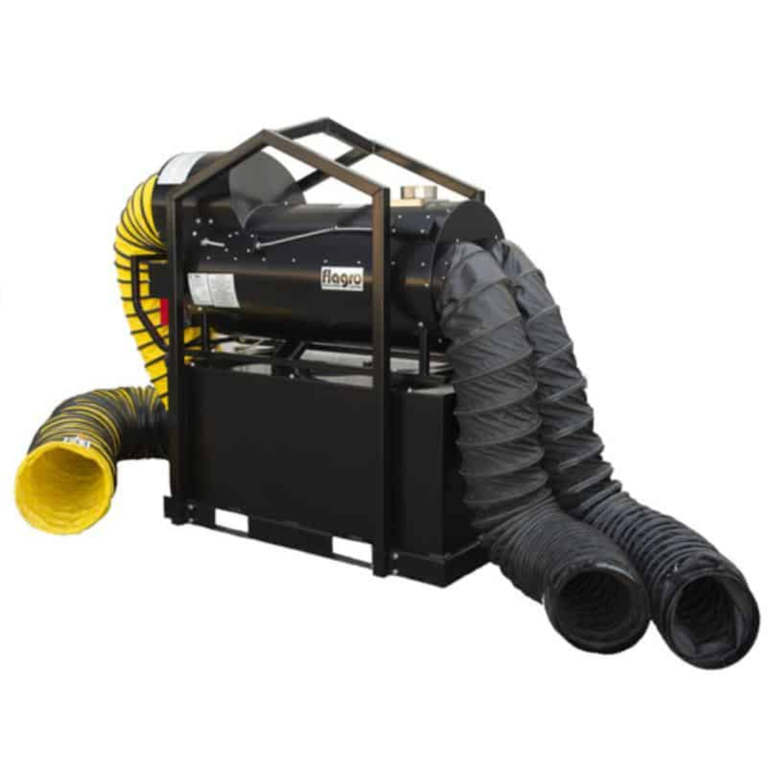 Flagro Indirect Fired Oil Heater FVO-400RCBT rear view showing duct connections and recirculating airflow system