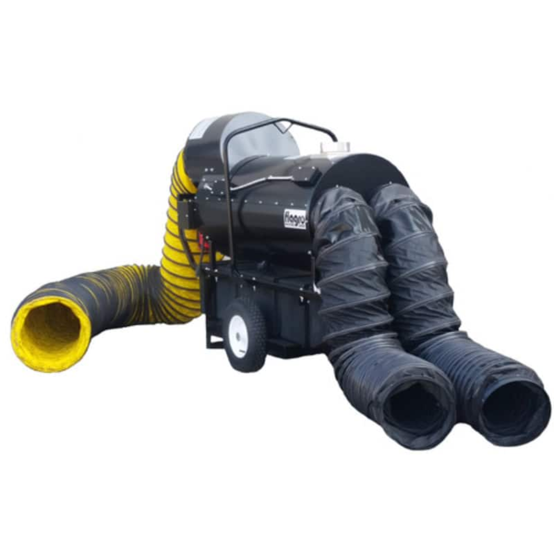 Flagro Indirect Fired Oil Heater FVO-400RC duct connection setup with dual outlet configuration for distributed heating