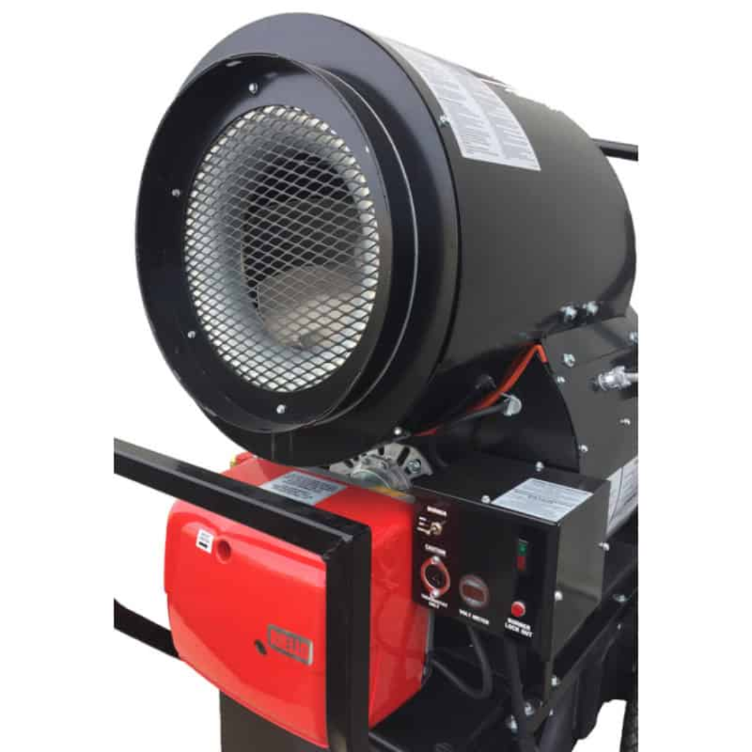 Flagro Indirect Fired Oil Heater FVO-400RC front view showing high-capacity heat exchanger and airflow output