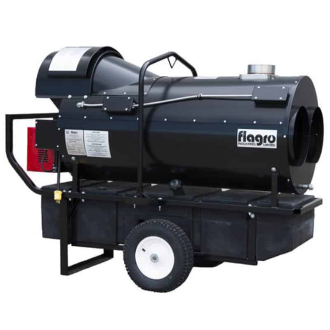 Flagro Indirect Fired Oil Heater FVO-400 portable industrial heater with heavy-duty frame, fuel tank base, and high-capacity cylindrical heat exchanger