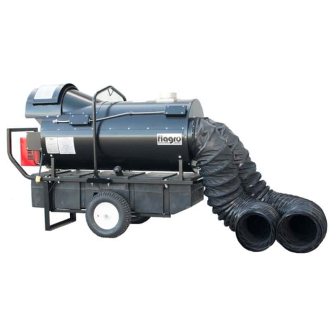 Flagro Indirect Fired Oil Heater FVO-400 side view showing dual duct outlets, burner assembly, and rugged jobsite wheel configuration